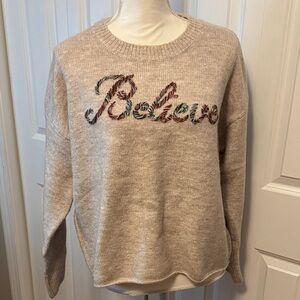Elegant Beige Sweater with Embroidered 'Believe'
